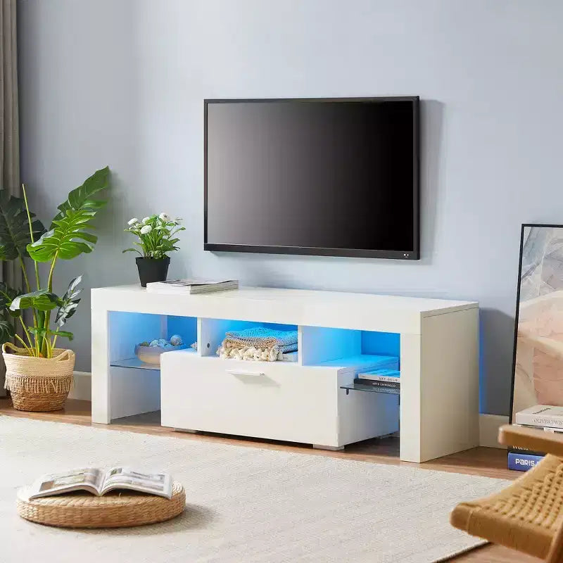 Mobile TV moderno a LED con cassetti e ripiano in vetro