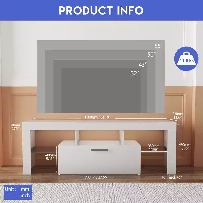 Mobile TV moderno a LED con cassetti e ripiano in vetro