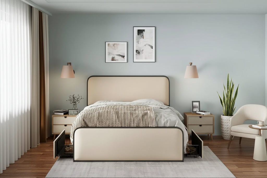 Letto matrimoniale moderno con struttura in metallo e testiera imbottita, 4 cassetti contenitore – Beige