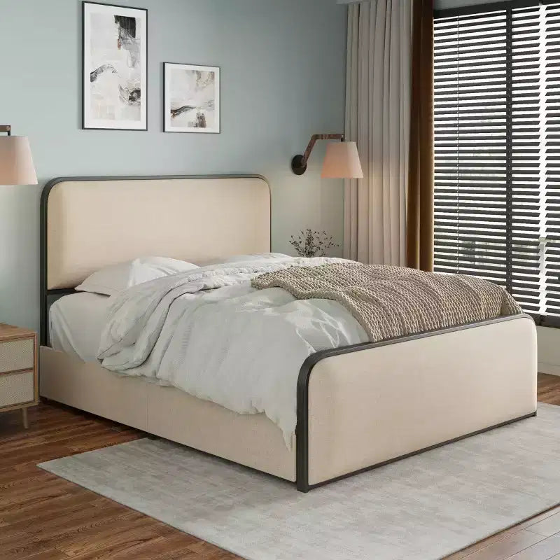 Letto matrimoniale moderno con struttura in metallo e testiera imbottita, 4 cassetti contenitore – Beige