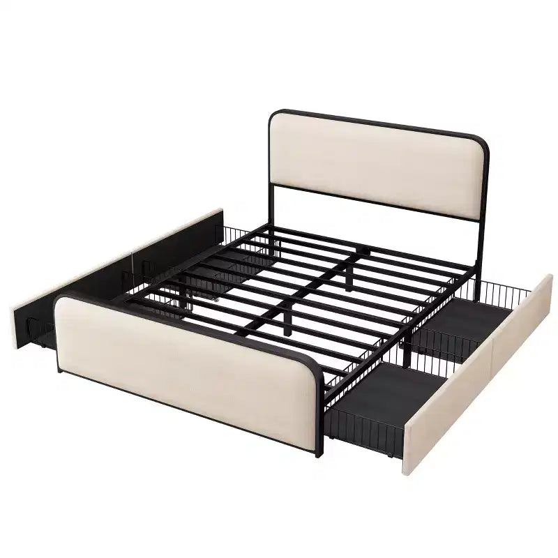 Letto matrimoniale moderno con struttura in metallo e testiera imbottita, 4 cassetti contenitore – Beige