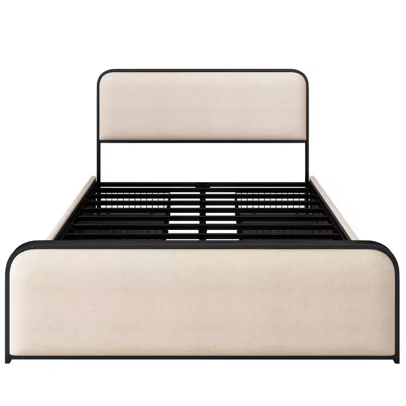 Letto matrimoniale moderno con struttura in metallo e testiera imbottita, 4 cassetti contenitore – Beige