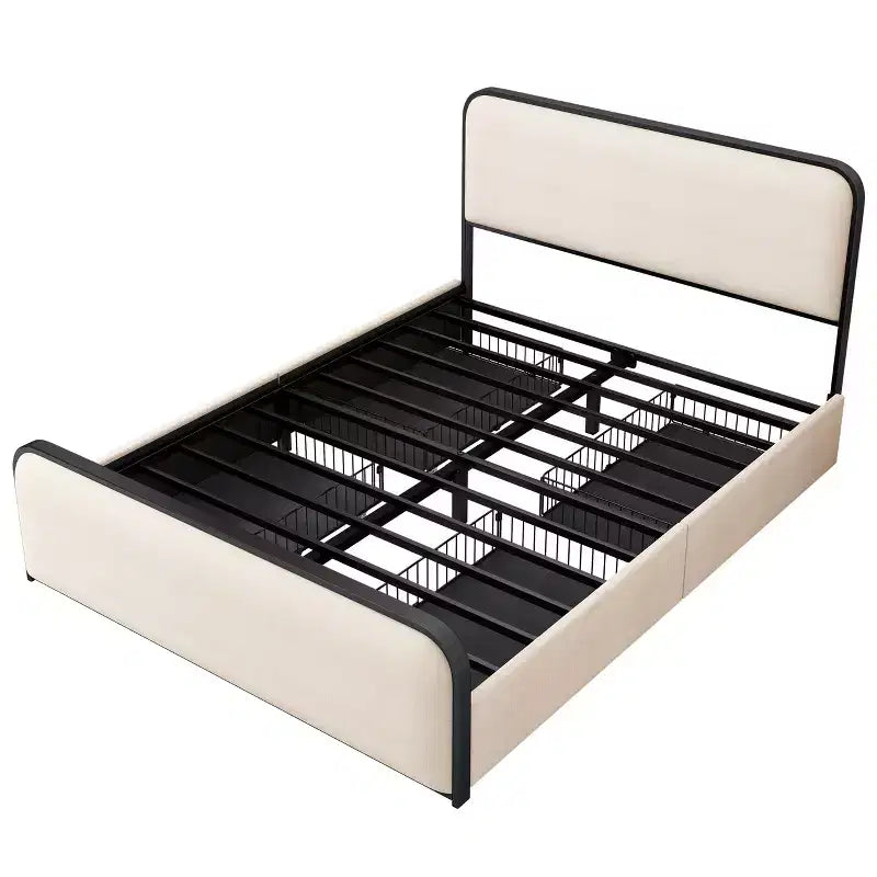 Letto matrimoniale moderno con struttura in metallo e testiera imbottita, 4 cassetti contenitore – Beige