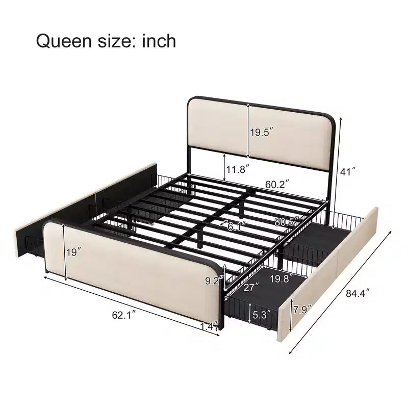 Letto matrimoniale moderno con struttura in metallo e testiera imbottita, 4 cassetti contenitore – Beige