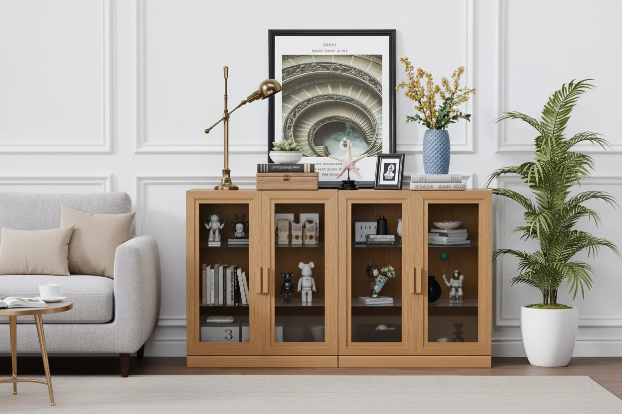 PexFix 62 W x 36 H Large Sideboard Buffet Cabinet with 4 Glass Doors 2 Adjustable Shelves for Kitchen Living/Dinning Room Bedroom Entryway Natural