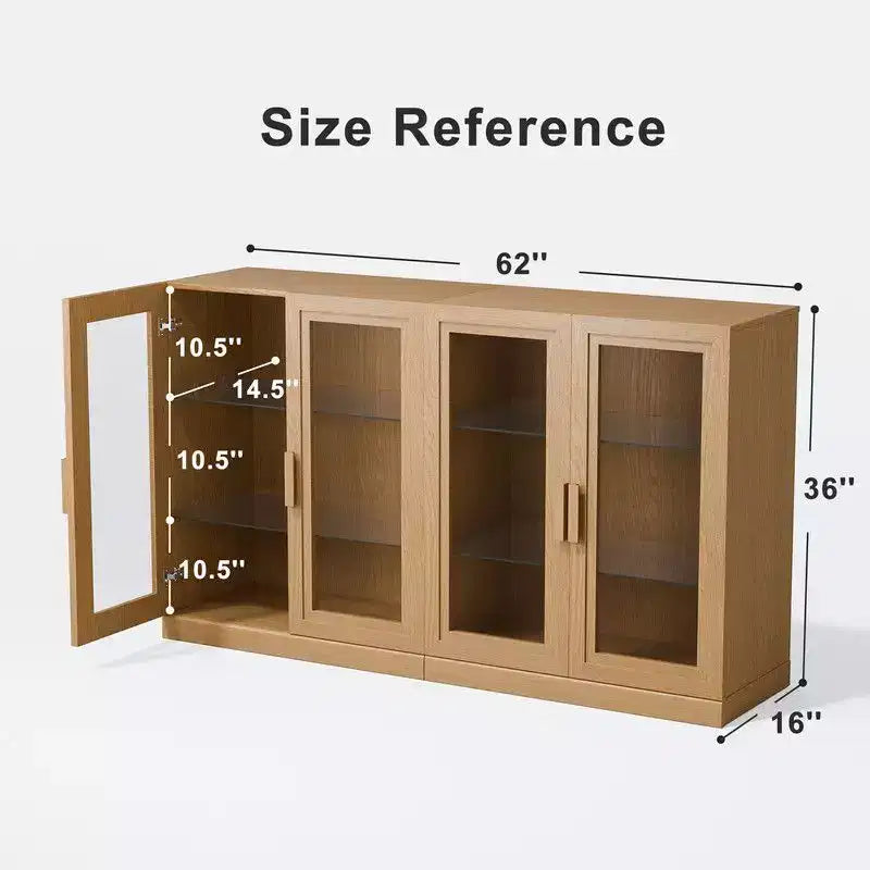 Credenza buffet grande da 62Wx36H pollici – 4 ante in vetro, 2 ripiani regolabili, Naturale