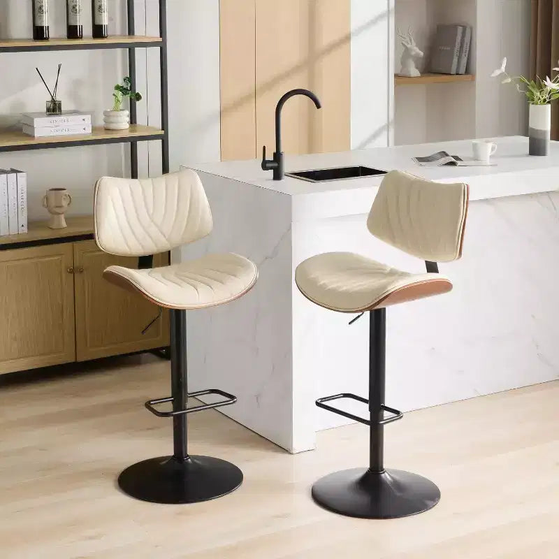 Modern Swivel Bar Stool with Adjustable Height, Walnut Bentwood & Faux Leather, 360 Rotation, Ergonomic Backrest, Stable Base for Kitchen & Home Bar