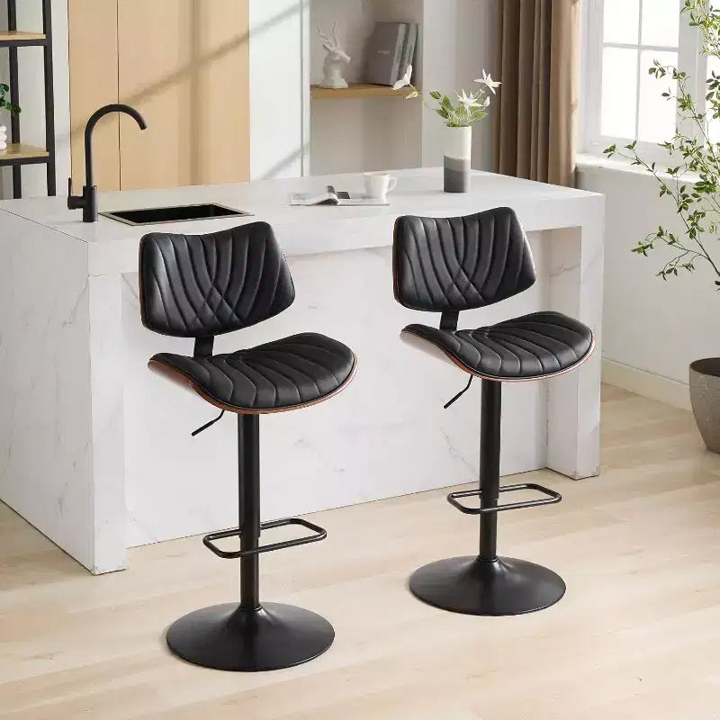 Sgabello da Bar Moderno Girevole con Altezza Regolabile, Legno Curvato in Noce e Ecopelle, Rotazione a 360°, Schienale Ergonomico, Base Stabile per Cucina e Home Bar