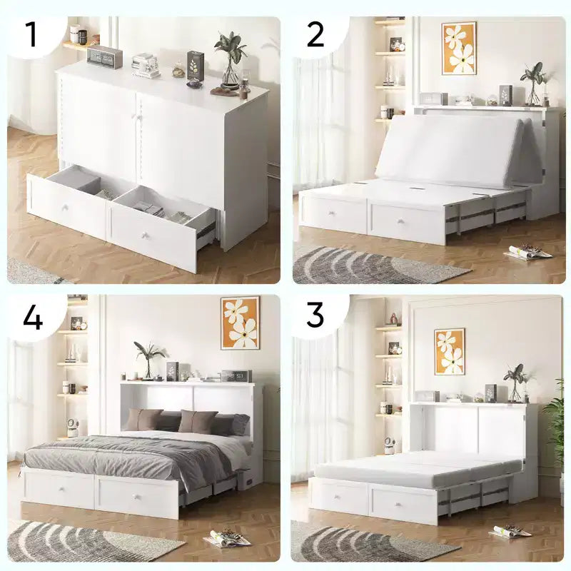 Letto a scomparsa matrimoniale moderno con porte USB, 2 cassetti e materasso da 12 cm