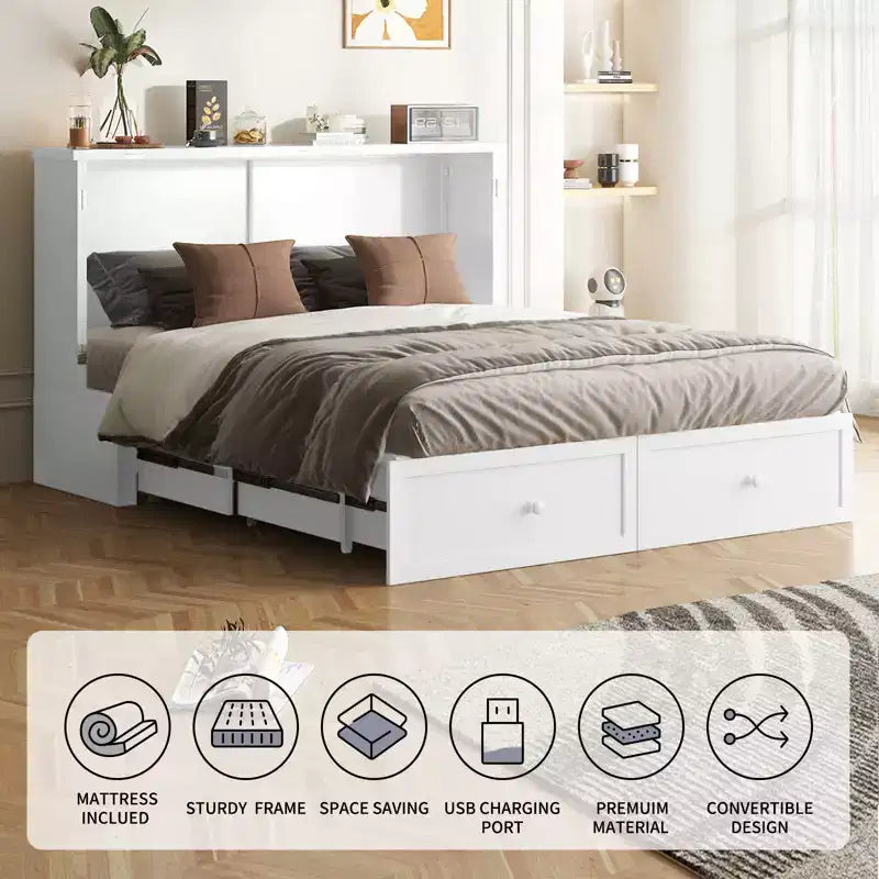 Letto a scomparsa matrimoniale moderno con porte USB, 2 cassetti e materasso da 12 cm