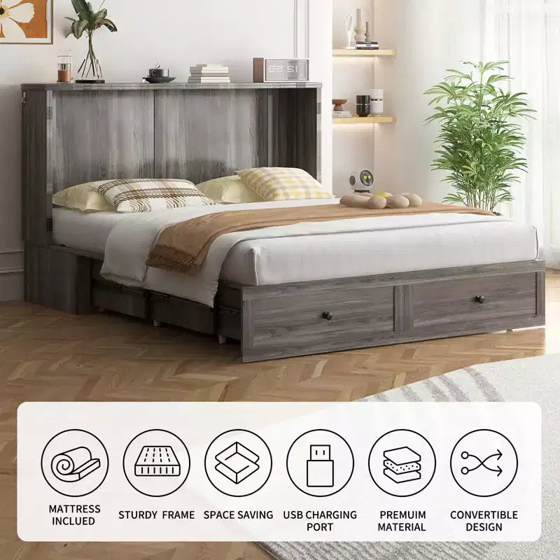 Letto a scomparsa matrimoniale moderno con porte USB, 2 cassetti e materasso da 12 cm