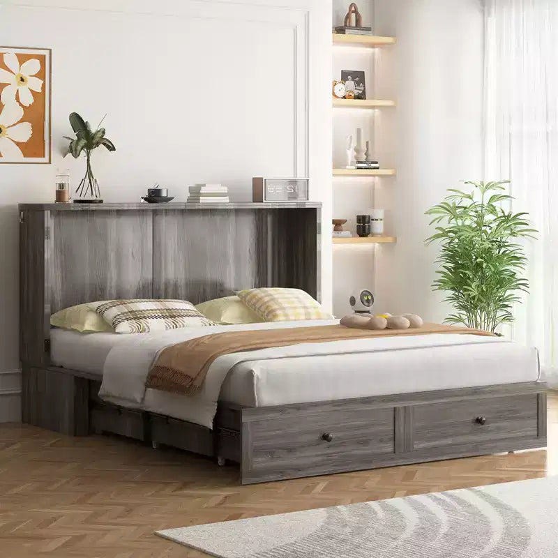 Letto a scomparsa matrimoniale moderno con porte USB, 2 cassetti e materasso da 12 cm