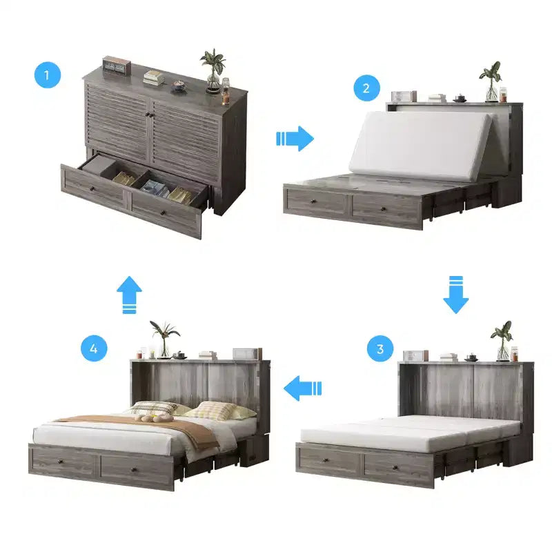 Letto a scomparsa matrimoniale moderno con porte USB, 2 cassetti e materasso da 12 cm