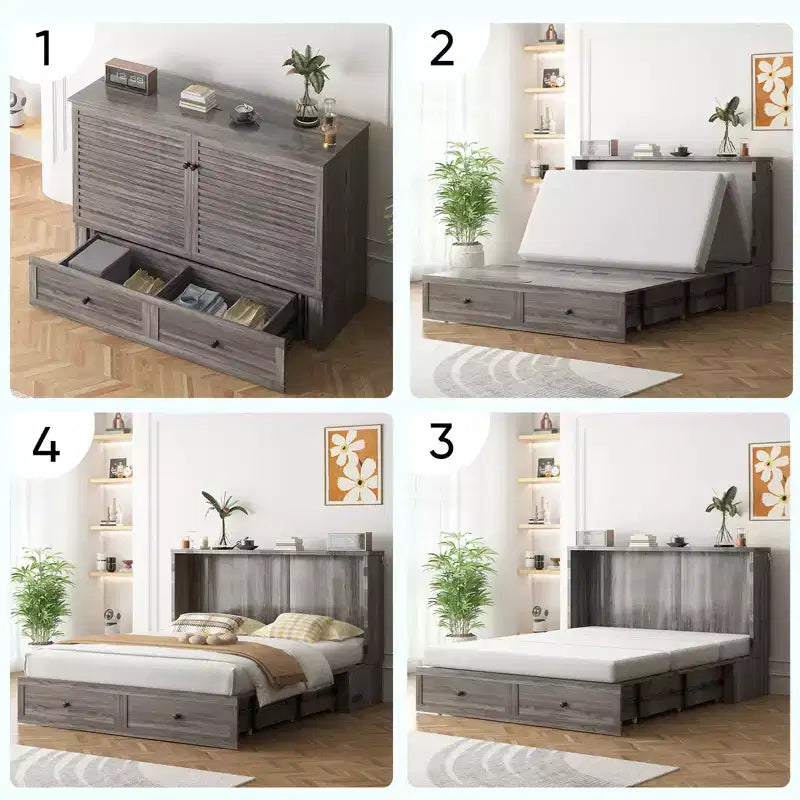 Letto a scomparsa matrimoniale moderno con porte USB, 2 cassetti e materasso da 12 cm