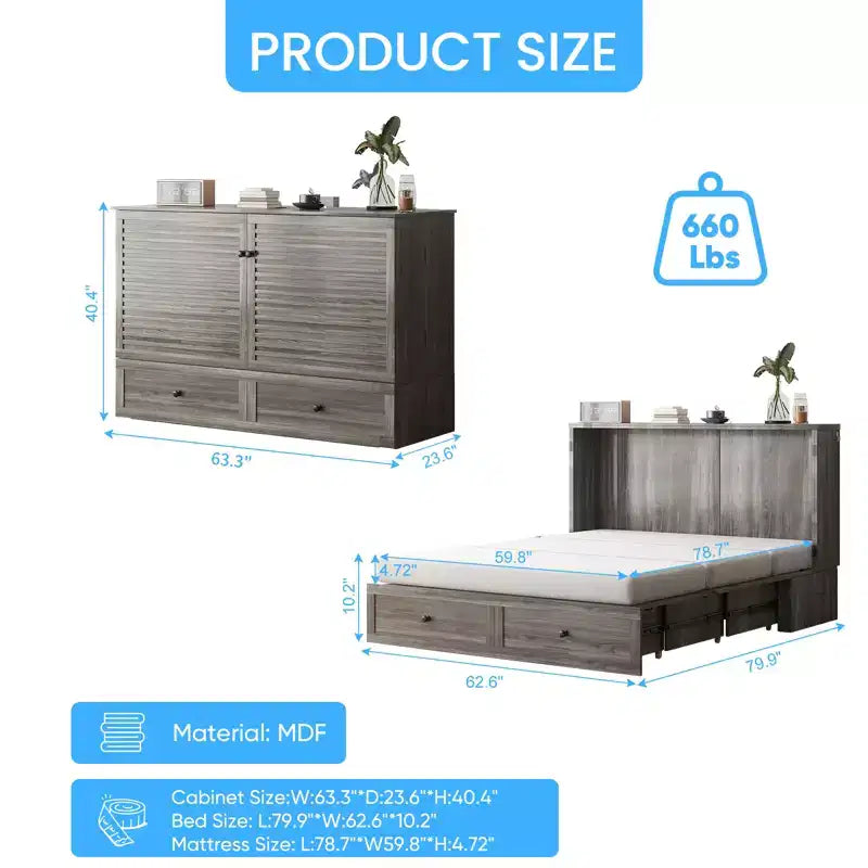 Letto a scomparsa matrimoniale moderno con porte USB, 2 cassetti e materasso da 12 cm