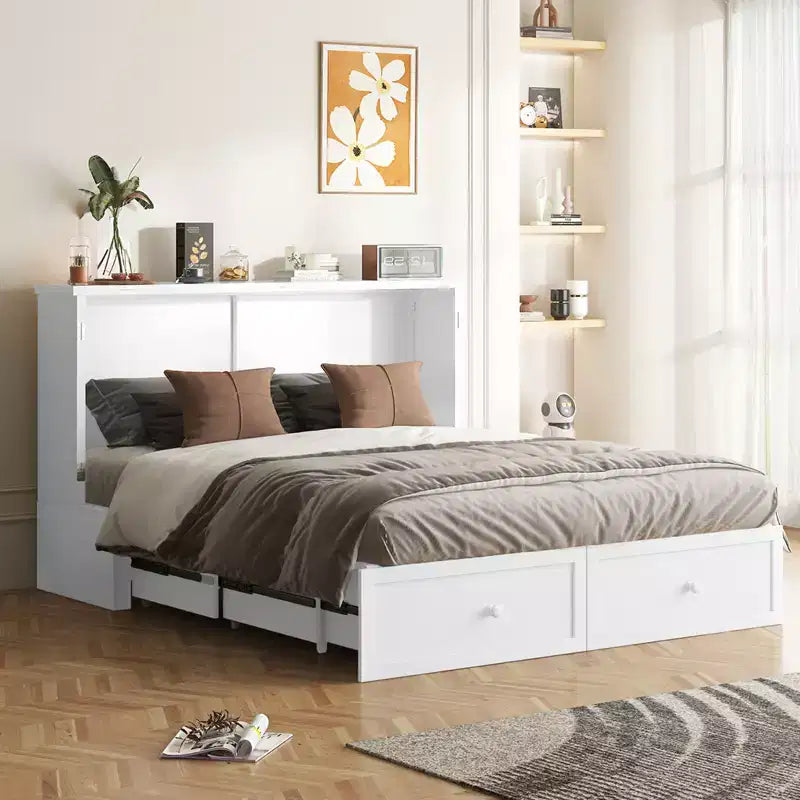 Letto a scomparsa matrimoniale moderno con porte USB, 2 cassetti e materasso da 12 cm