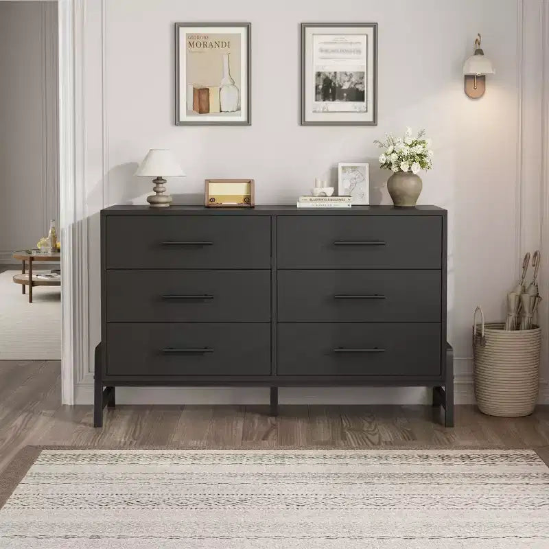 Cassettiera larga da camera con 6 cassetti da 132 cm – Grande armadio a cassetti in legno indipendente