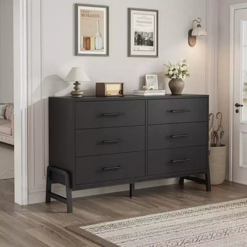 Cassettiera larga da camera con 6 cassetti da 132 cm – Grande armadio a cassetti in legno indipendente