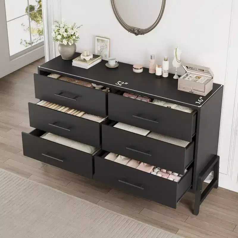 Cassettiera larga da camera con 6 cassetti da 132 cm – Grande armadio a cassetti in legno indipendente
