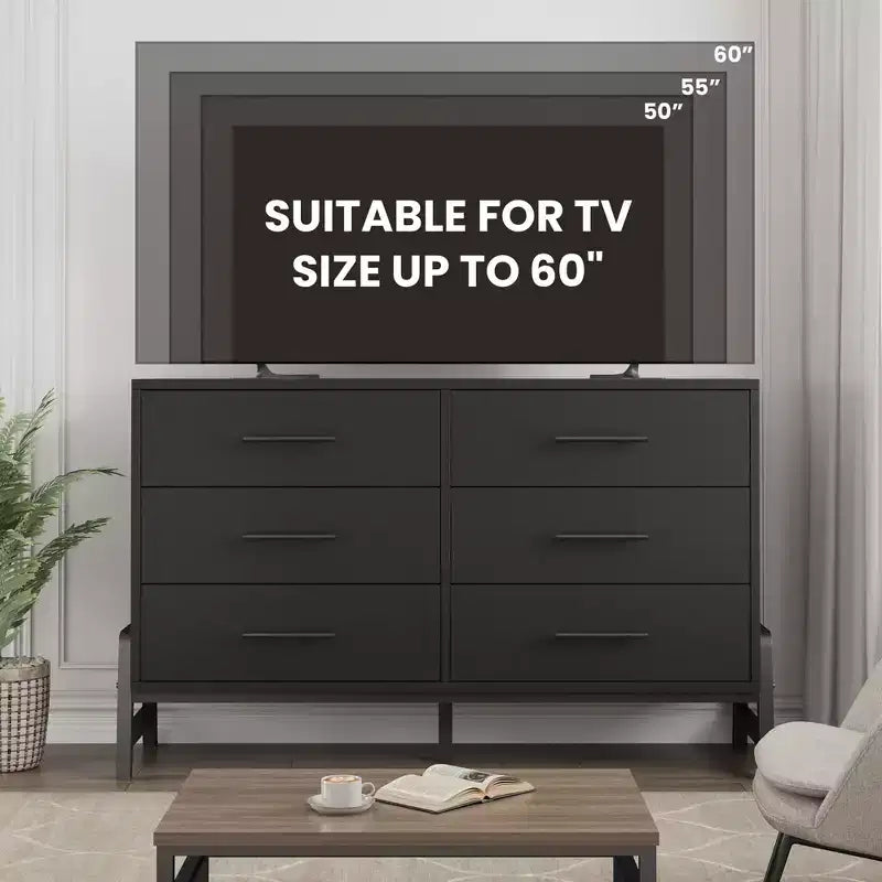 Cassettiera larga da camera con 6 cassetti da 132 cm – Grande armadio a cassetti in legno indipendente