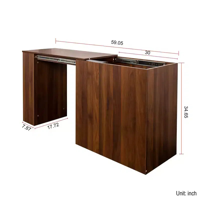 Scrivania estensibile in legno rustico con cassetti e ripiani aperti – Contenitore per ufficio domestico