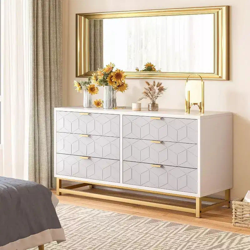 Acekool Grey 6-Drawer Dresser with Gold Metal Handles and Legs, Modern Chest of Drawers for Bedroom, Hallway, Entryway Storage
