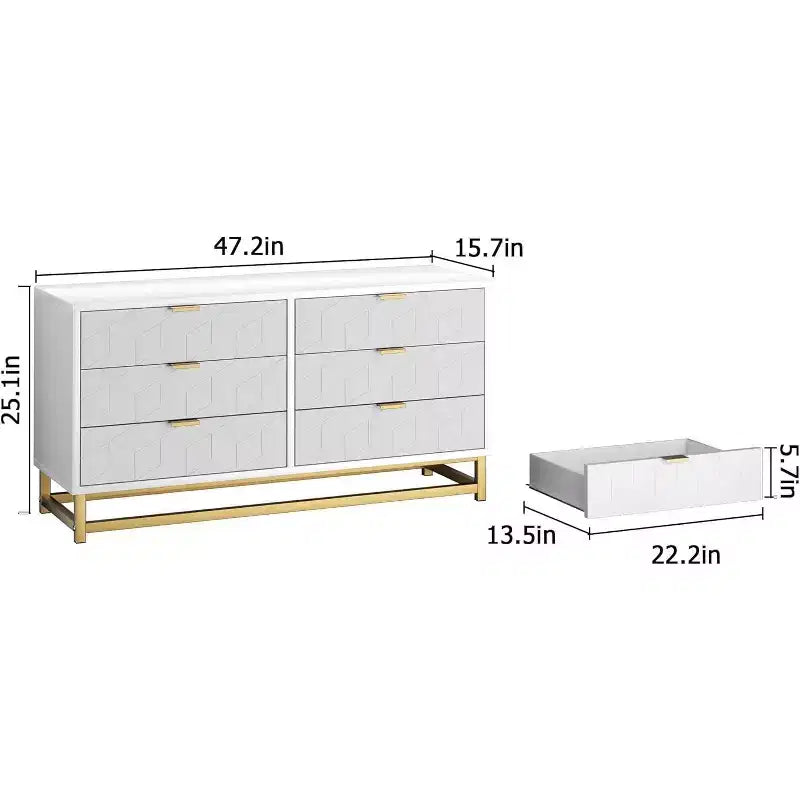 Cassettiera a 6 cassetti grigia con maniglie e gambe in metallo dorato – Comò moderno per camera da letto