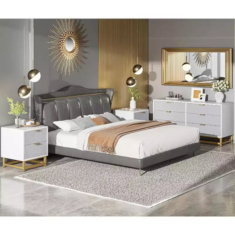 Cassettiera a 6 cassetti grigia con maniglie e gambe in metallo dorato – Comò moderno per camera da letto