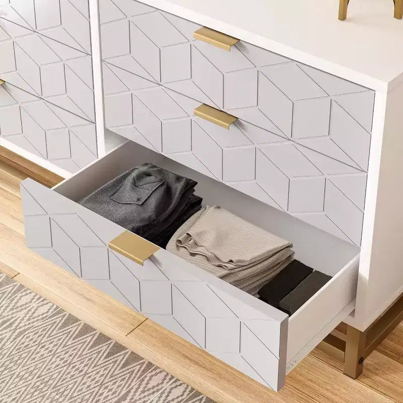 Cassettiera a 6 cassetti grigia con maniglie e gambe in metallo dorato – Comò moderno per camera da letto
