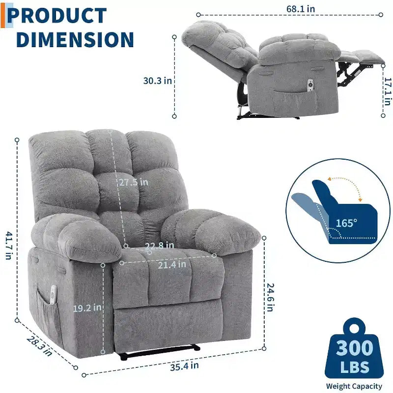 Poltrona Reclinabile, Poltrona a Dondolo Larga, Poltrona Relax con Massaggio e Calore, Poltrona Reclinabile Ergonomica Imbottita in Tessuto Traspirante con Funzione Calore
