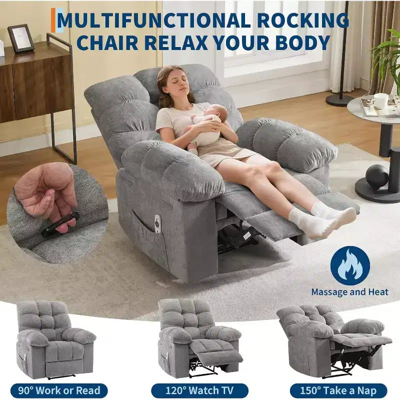 Poltrona Reclinabile, Poltrona a Dondolo Larga, Poltrona Relax con Massaggio e Calore, Poltrona Reclinabile Ergonomica Imbottita in Tessuto Traspirante con Funzione Calore