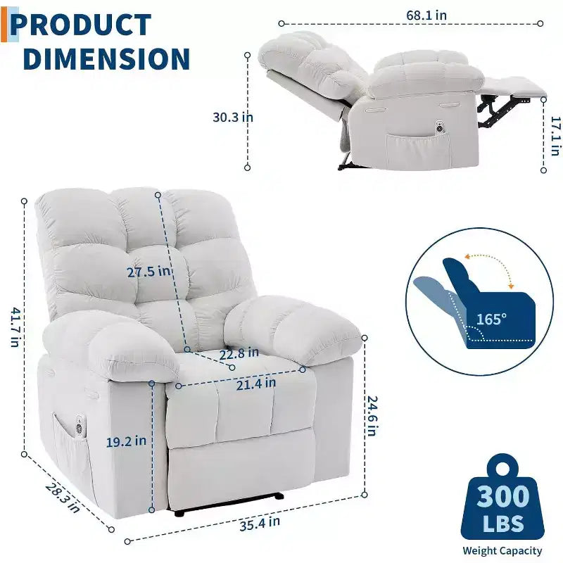 Poltrona Reclinabile, Poltrona a Dondolo Larga, Poltrona Relax con Massaggio e Calore, Poltrona Reclinabile Ergonomica Imbottita in Tessuto Traspirante con Funzione Calore
