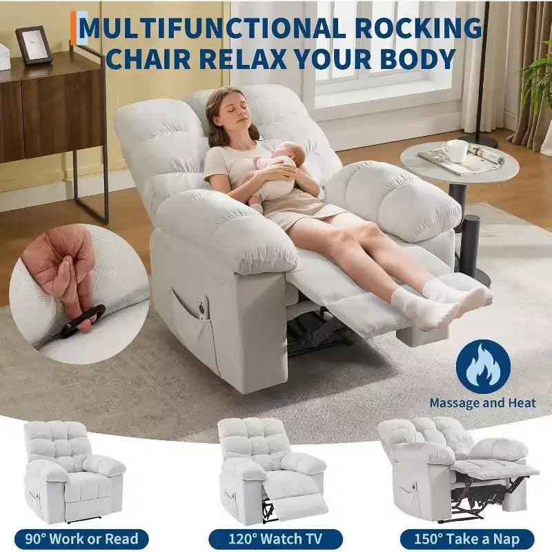 Poltrona Reclinabile, Poltrona a Dondolo Larga, Poltrona Relax con Massaggio e Calore, Poltrona Reclinabile Ergonomica Imbottita in Tessuto Traspirante con Funzione Calore