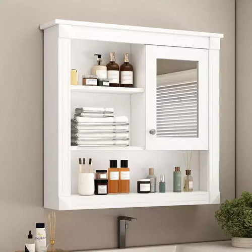 Mobiletto da bagno a muro da 81 cm con specchio – 4 ripiani, anta a specchio, contenitore sopra il WC