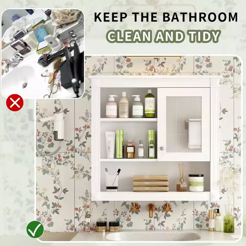 Mobiletto da bagno a muro da 81 cm con specchio – 4 ripiani, anta a specchio, contenitore sopra il WC