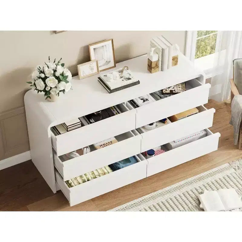Credenza moderna ad arco con 6 cassetti per tavolo da pranzo, design a bordo curvo, mobile autoportante, per sala da pranzo, camera da letto, soggiorno