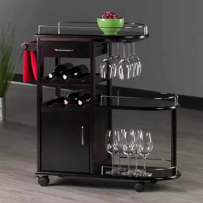 Carrello porta-intrattenimento moderno su ruote – Espresso scuro, 3 ripiani, 1 cassetto, composito di legno