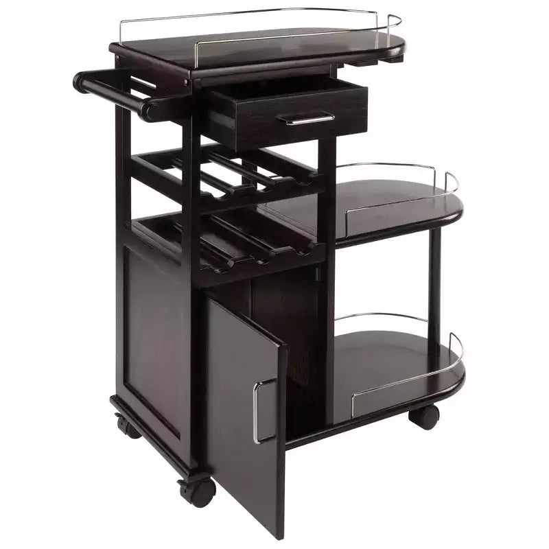 Carrello porta-intrattenimento moderno su ruote – Espresso scuro, 3 ripiani, 1 cassetto, composito di legno