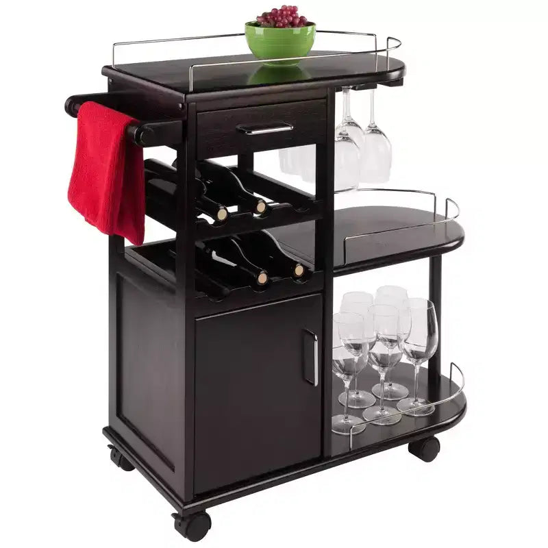Carrello porta-intrattenimento moderno su ruote – Espresso scuro, 3 ripiani, 1 cassetto, composito di legno