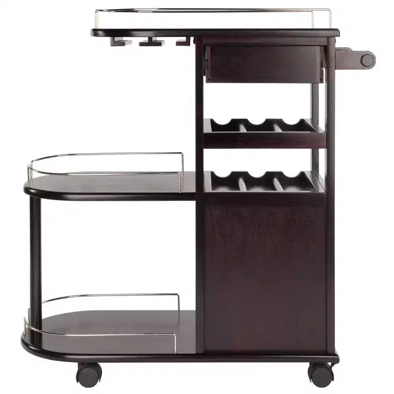 Carrello porta-intrattenimento moderno su ruote – Espresso scuro, 3 ripiani, 1 cassetto, composito di legno