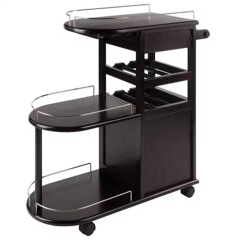 Carrello porta-intrattenimento moderno su ruote – Espresso scuro, 3 ripiani, 1 cassetto, composito di legno
