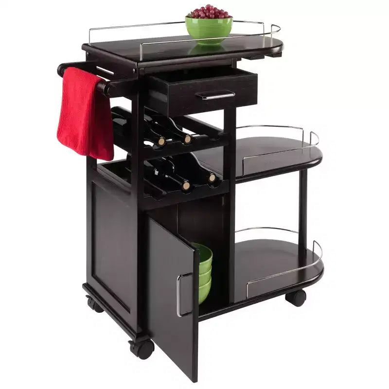Carrello porta-intrattenimento moderno su ruote – Espresso scuro, 3 ripiani, 1 cassetto, composito di legno