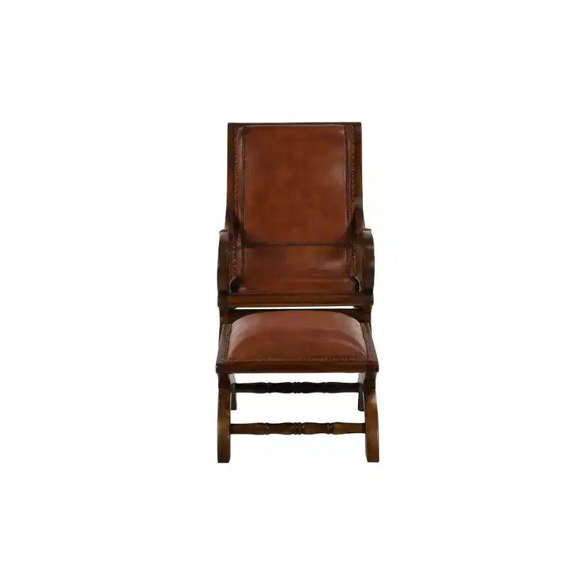 Poltrona accent in legno di teak tradizionale con braccioli e poggiapiedi rivestiti in pelle marrone