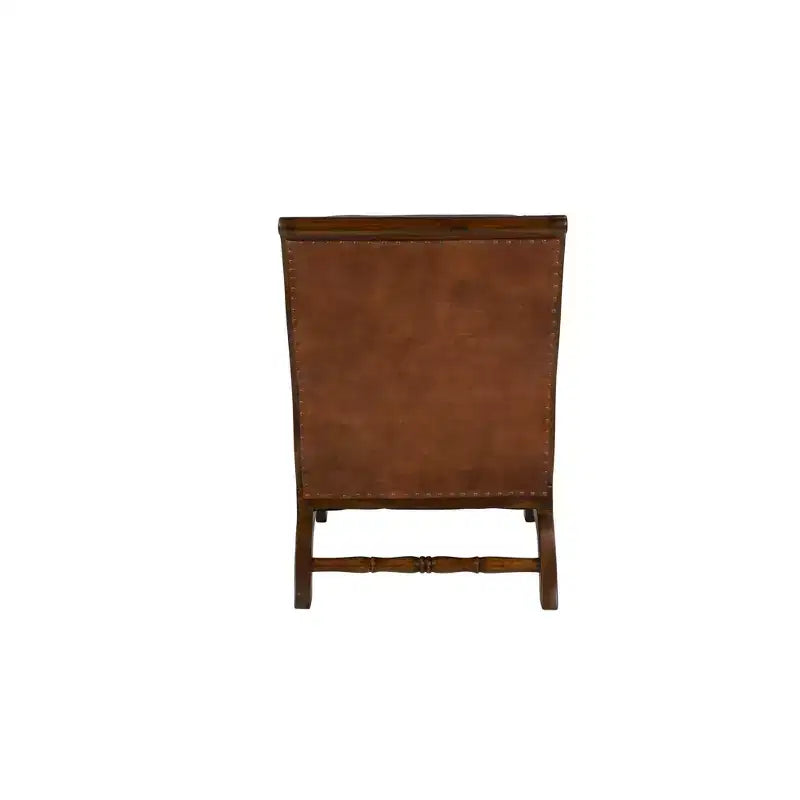 Poltrona accent in legno di teak tradizionale con braccioli e poggiapiedi rivestiti in pelle marrone