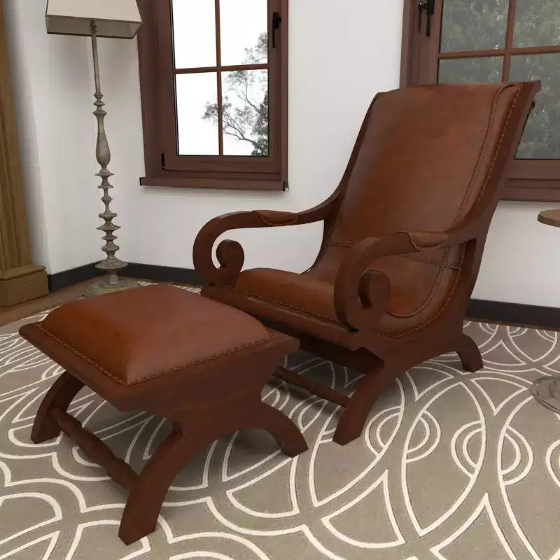 Poltrona accent in legno di teak tradizionale con braccioli e poggiapiedi rivestiti in pelle marrone