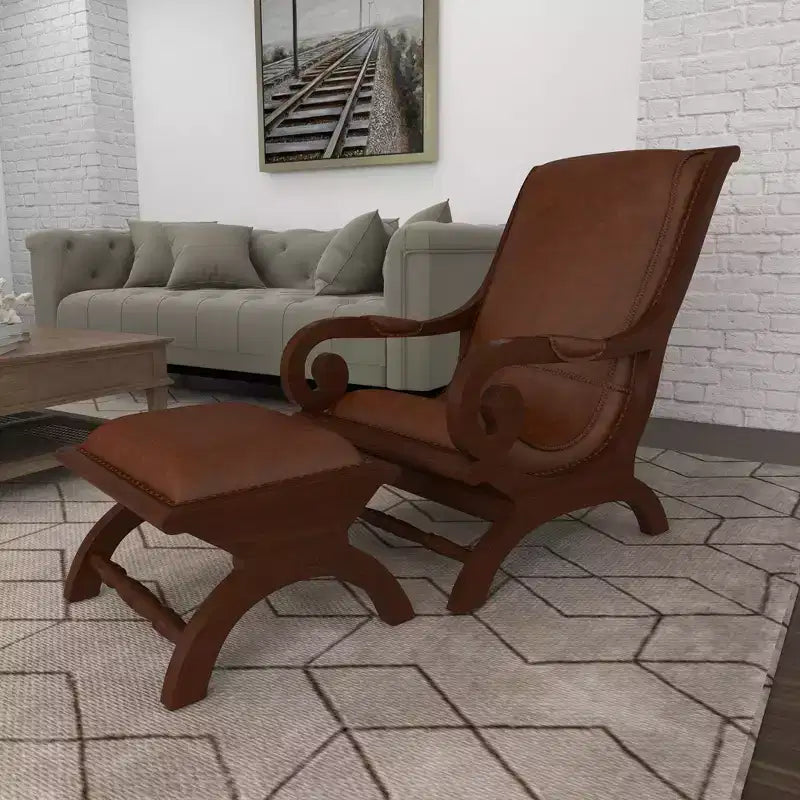 Poltrona accent in legno di teak tradizionale con braccioli e poggiapiedi rivestiti in pelle marrone