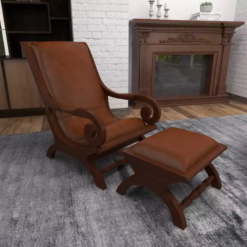 Poltrona accent in legno di teak tradizionale con braccioli e poggiapiedi rivestiti in pelle marrone