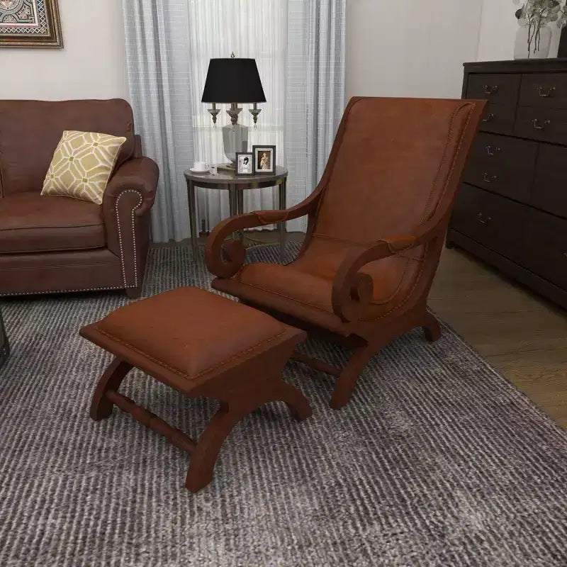 Poltrona accent in legno di teak tradizionale con braccioli e poggiapiedi rivestiti in pelle marrone