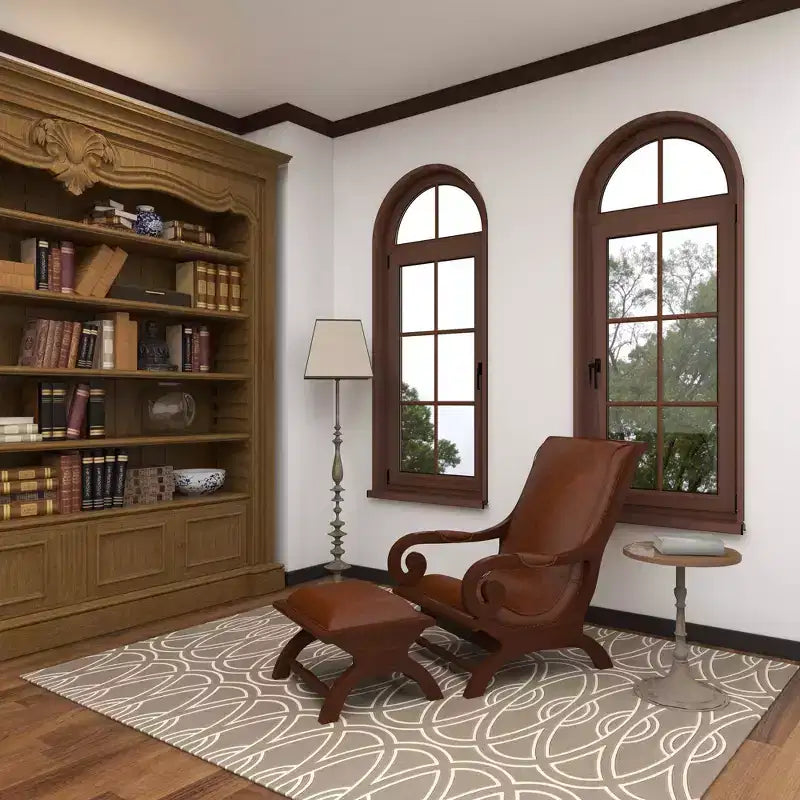 Poltrona accent in legno di teak tradizionale con braccioli e poggiapiedi rivestiti in pelle marrone