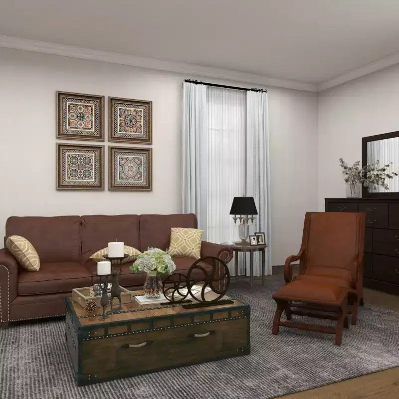 Poltrona accent in legno di teak tradizionale con braccioli e poggiapiedi rivestiti in pelle marrone